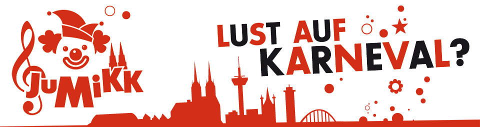Startseite Links ist das JuMiKK-Logo zu sehen. Daneben der Spruch: "Lust auf Karneval?" Am unteren Rand ist die Kölner Skyline zu sehen.